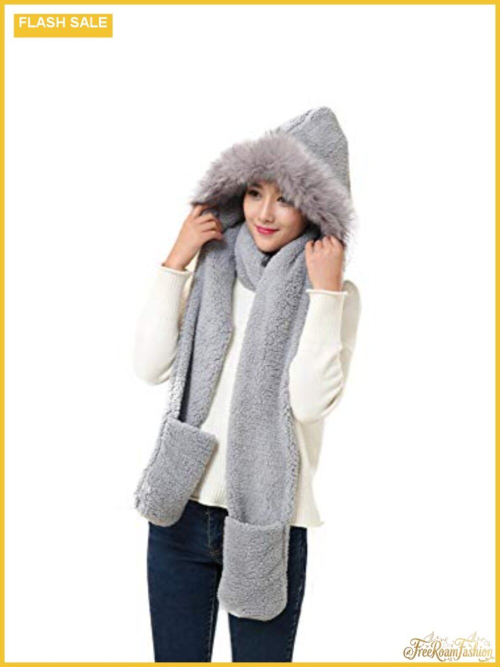 Women Siamese Hoodie Gloves Pocket Earflap Hat Long Scarf Shawl Wraps